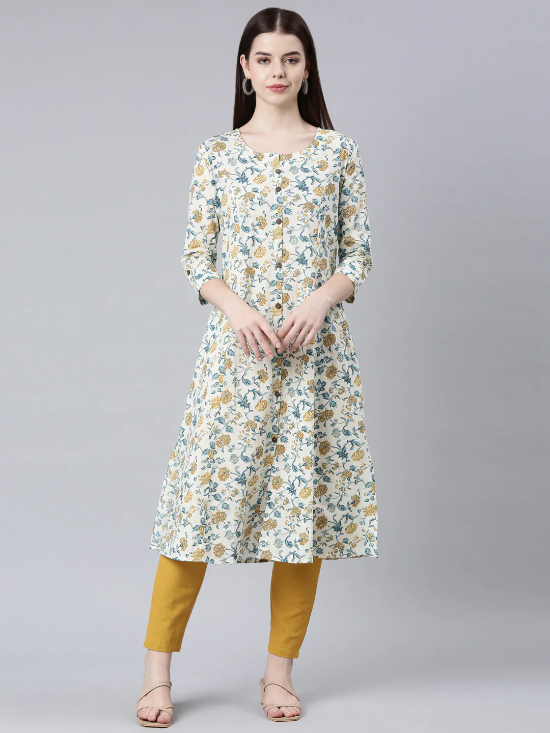 Neerus Mustard Straight Casual Floral Straight Kurta