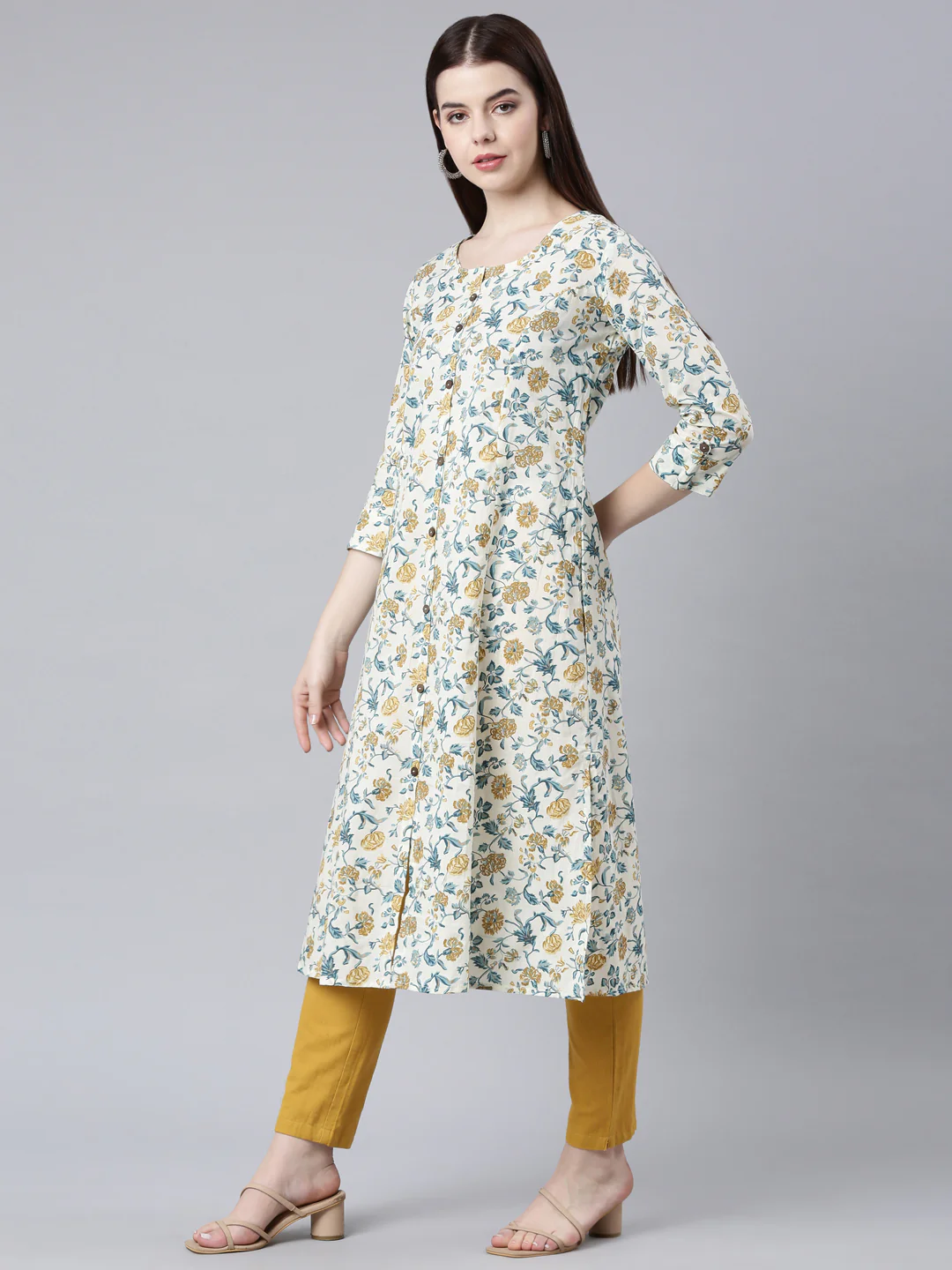 Neerus Mustard Straight Casual Floral Straight Kurta - Image 2