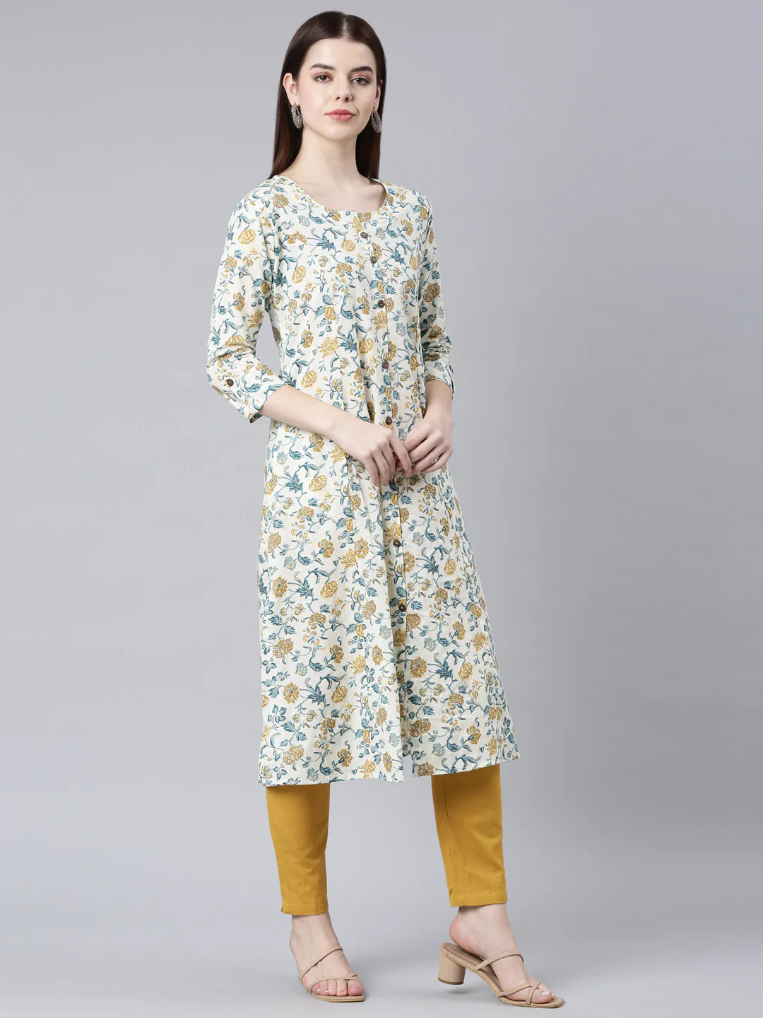 Neerus Mustard Straight Casual Floral Straight Kurta - Image 3