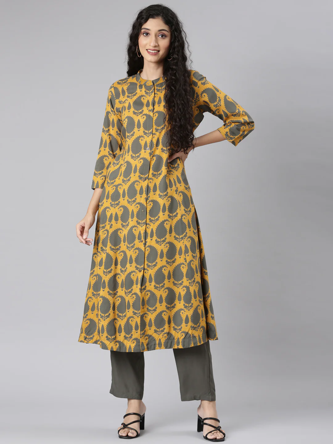 Neerus Mustard Straight Casual Paisley Kurta and Trouser - Image 6