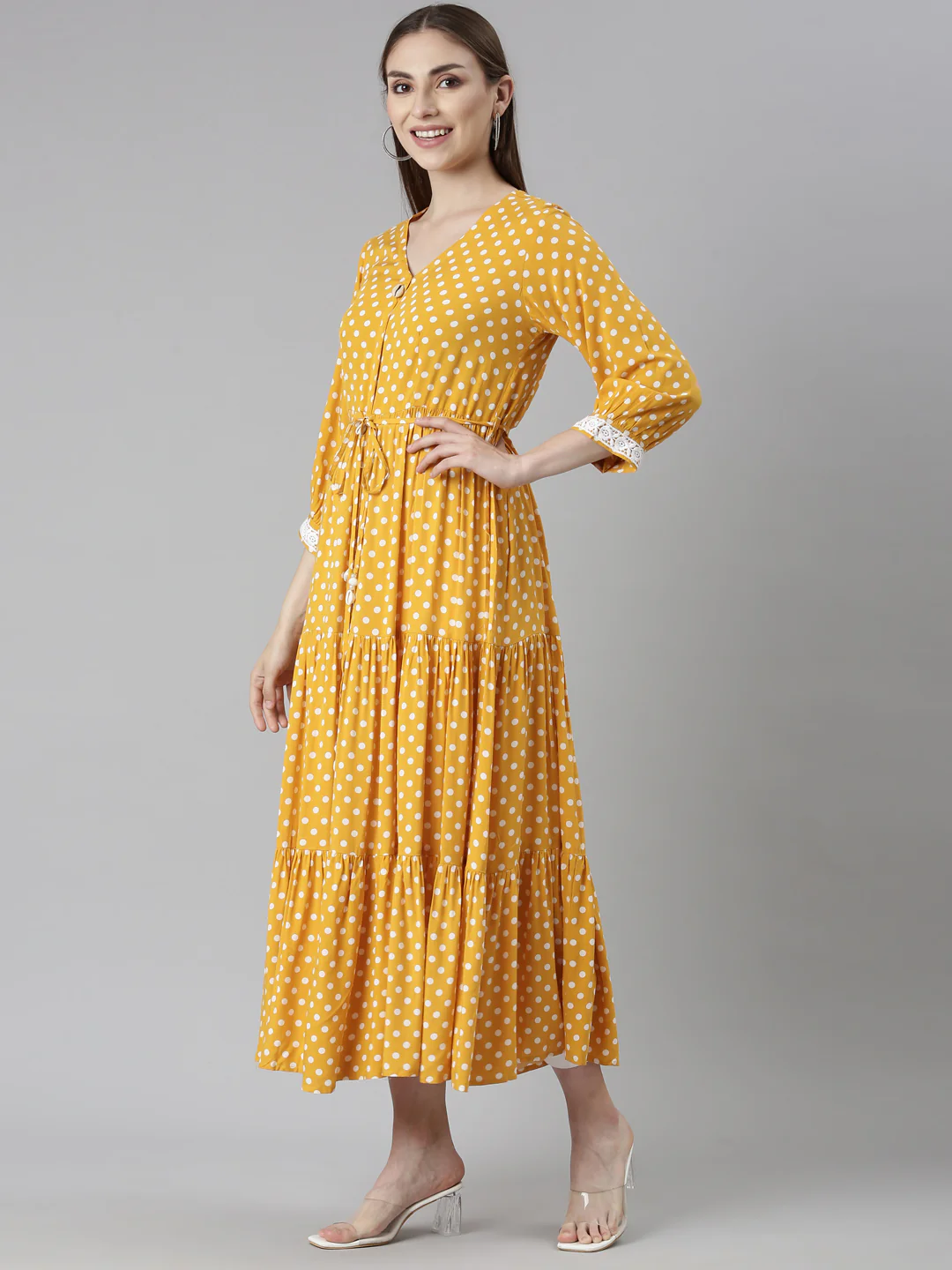 Neerus Mustard Straight Casual Polka Dots Dresses - Image 2