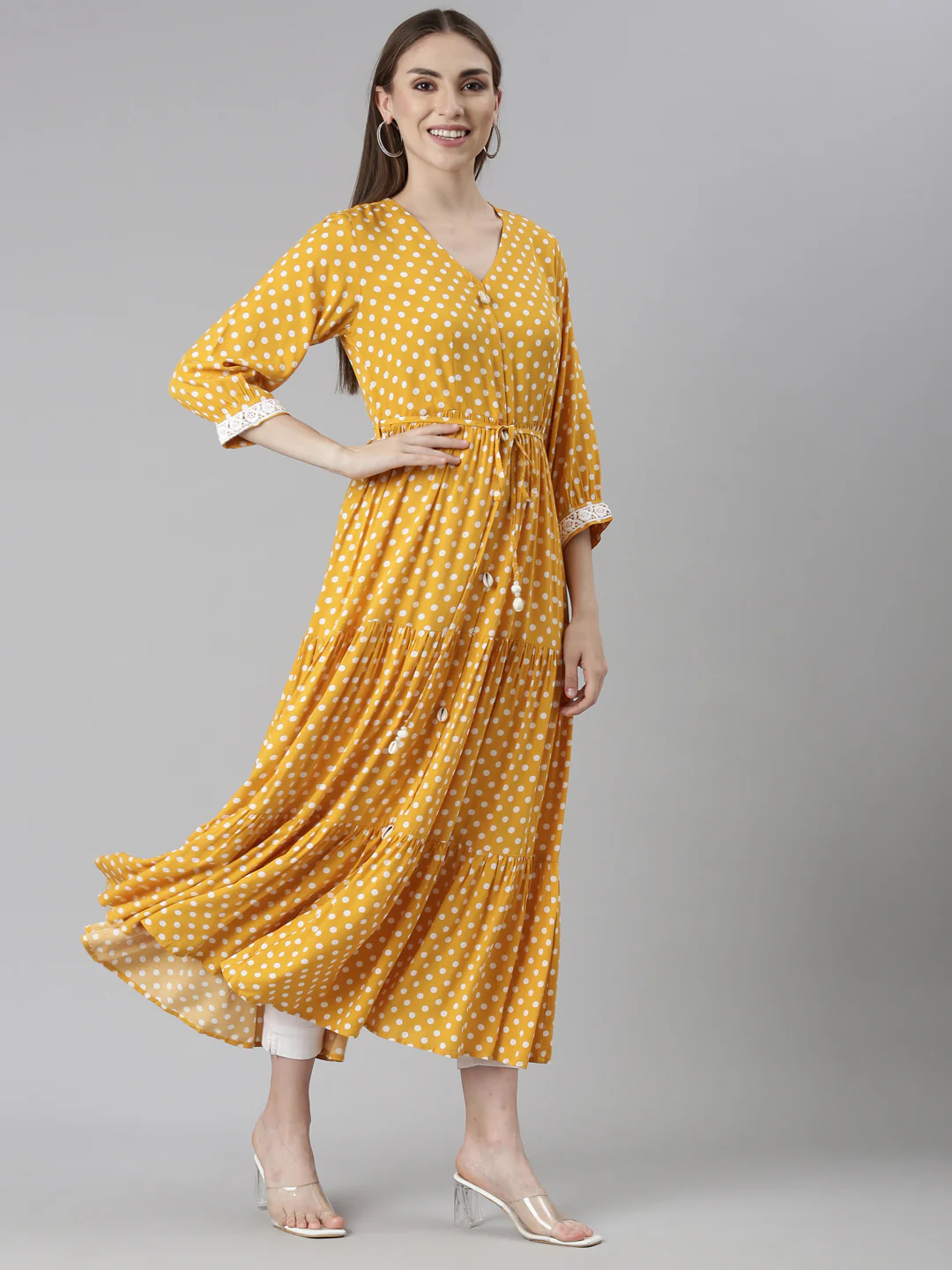 Neerus Mustard Straight Casual Polka Dots Dresses - Image 3