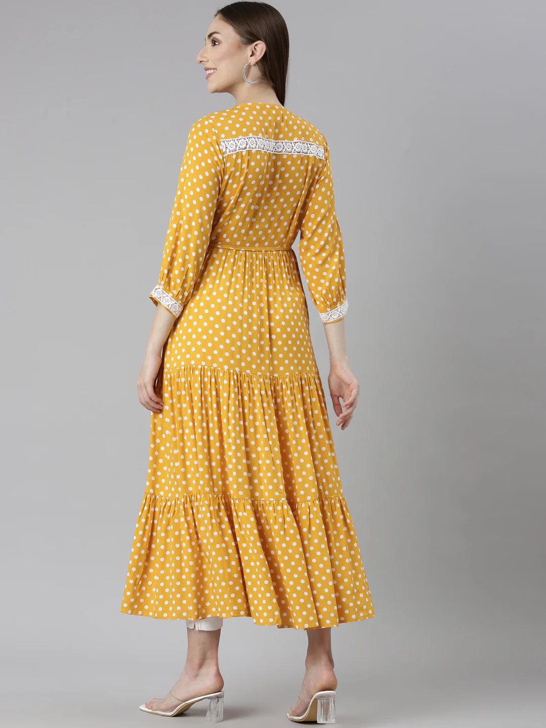Neerus Mustard Straight Casual Polka Dots Dresses - Image 4