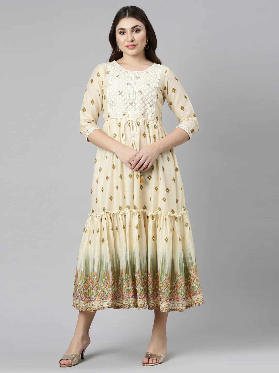 Neerus Mustard Straight Casual Printed Dress