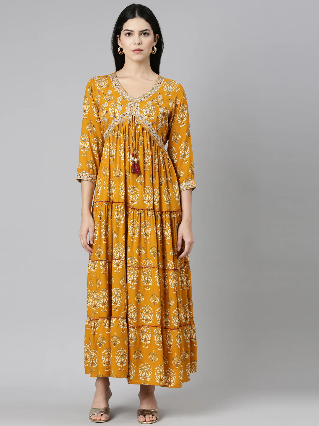 Neerus Mustard Straight Casual Printed Gown