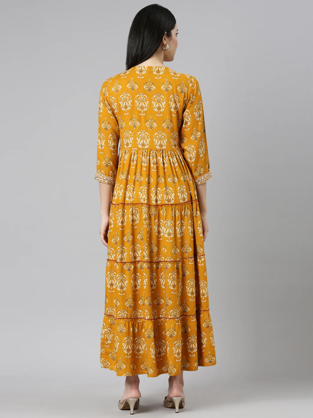 Neerus Mustard Straight Casual Printed Gown - Image 3