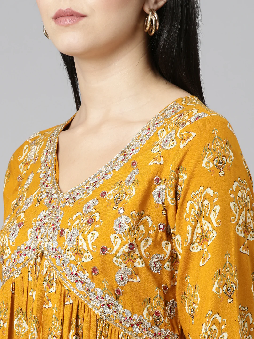 Neerus Mustard Straight Casual Printed Gown - Image 4