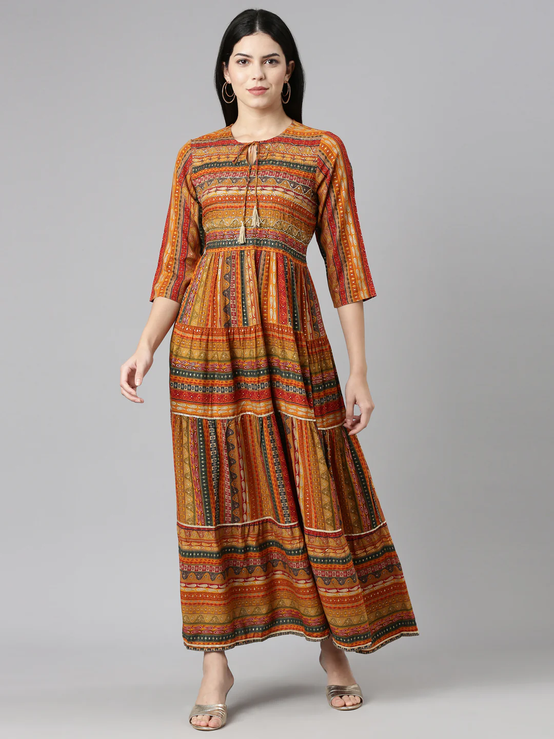 Neerus Mustard Straight Casual Printed Gown