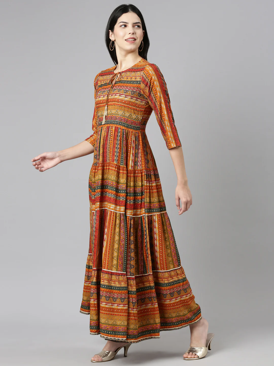 Neerus Mustard Straight Casual Printed Gown - Image 2