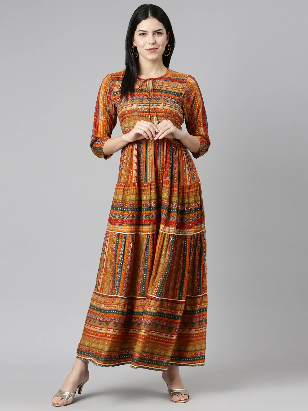 Neerus Mustard Straight Casual Printed Gown - Image 5