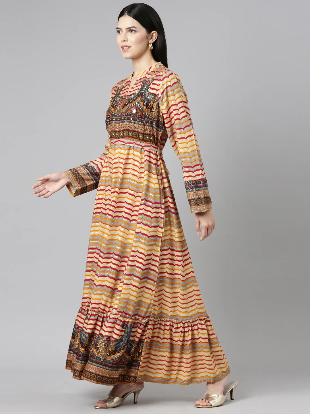 Neerus Mustard Straight Casual Printed Dress - Image 2