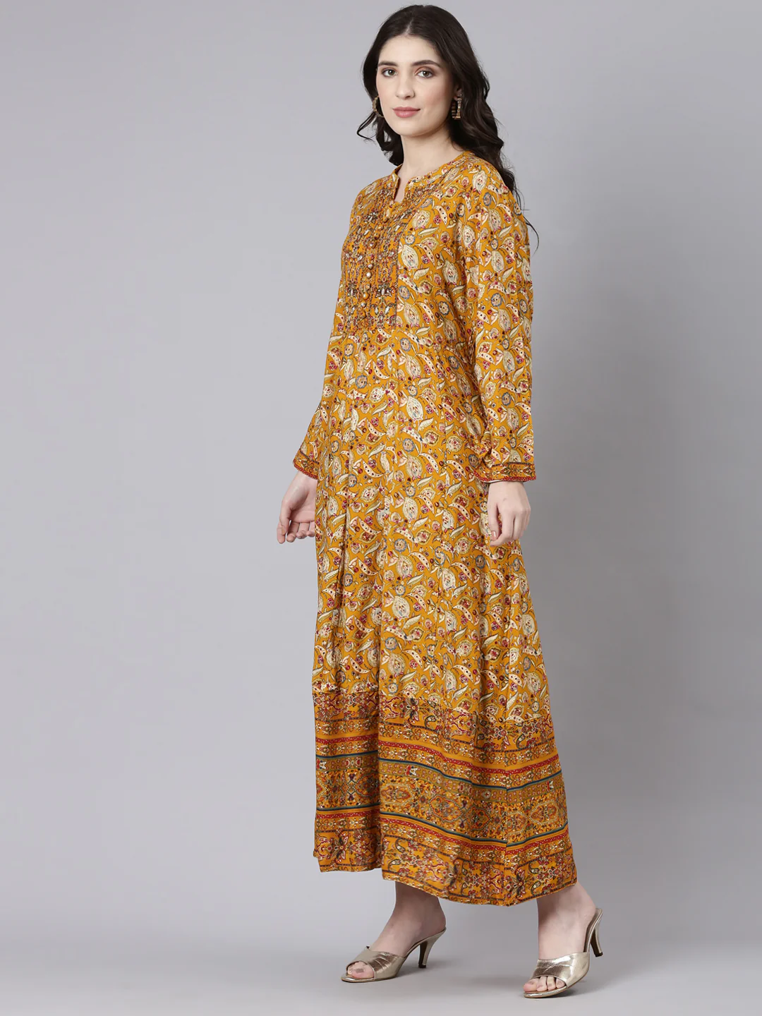 Neerus Mustard Straight Casual Printed Maxi Dresses - Image 2
