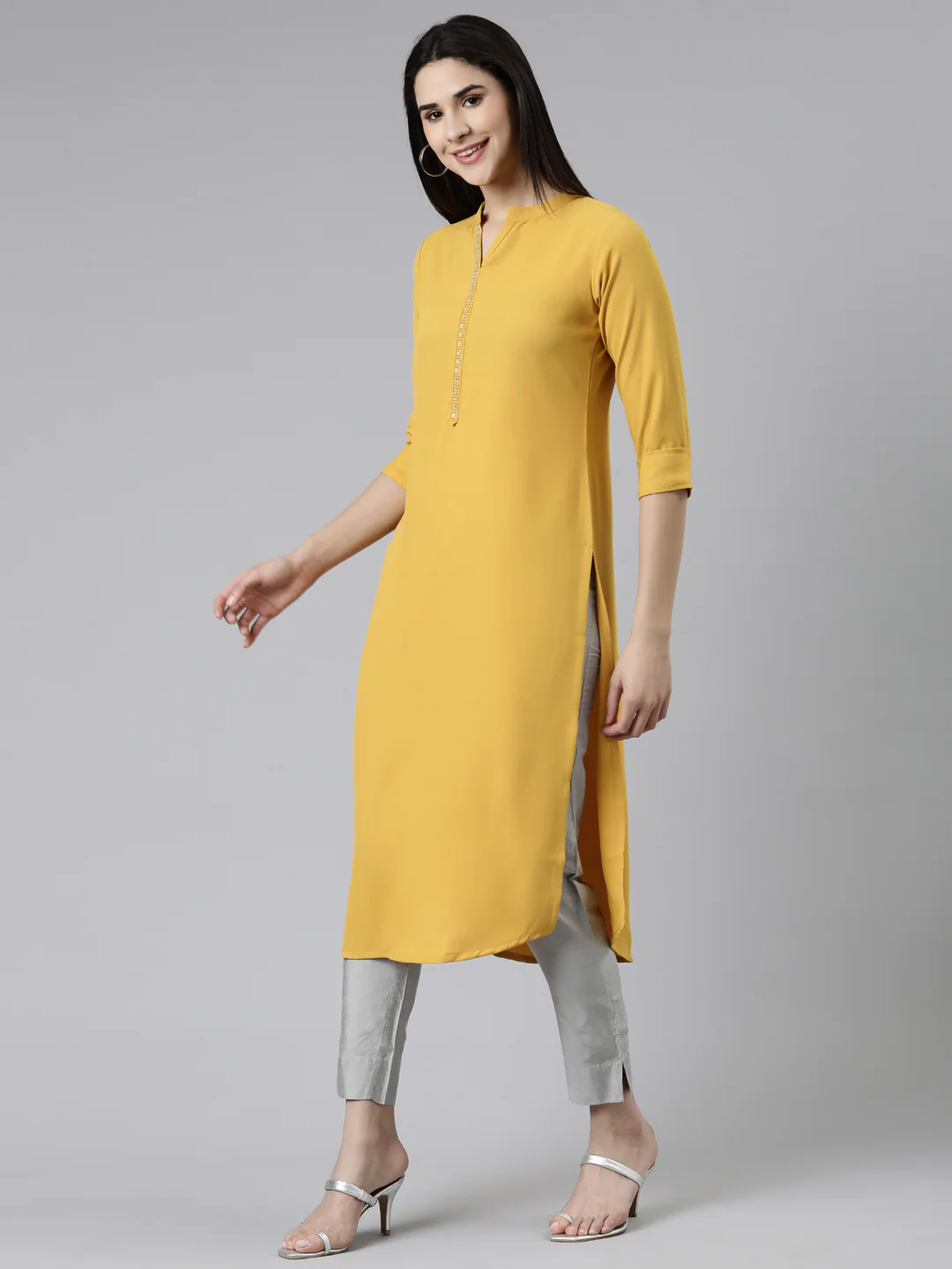 Neerus Mustard Straight Cotton Kurta - Image 2