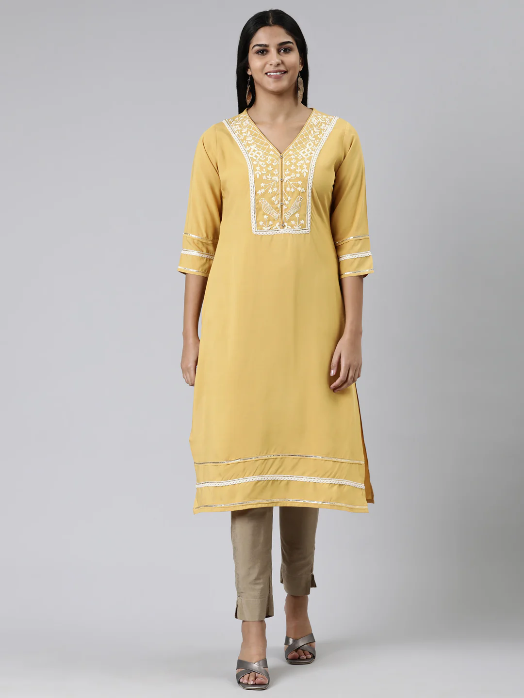 Neerus Mustard Straight Embroidered Viscose Rayon Kurta