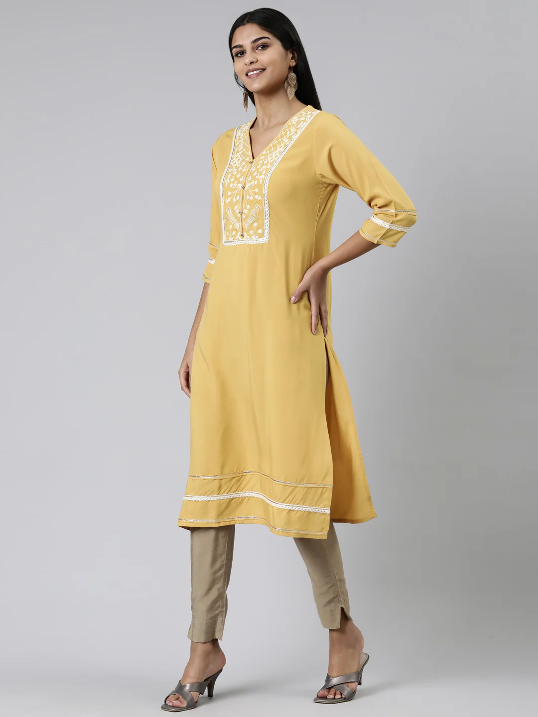 Neerus Mustard Straight Embroidered Viscose Rayon Kurta - Image 2