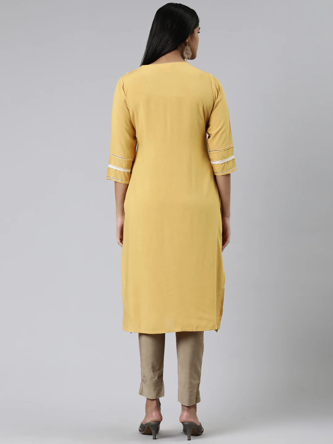 Neerus Mustard Straight Embroidered Viscose Rayon Kurta - Image 3