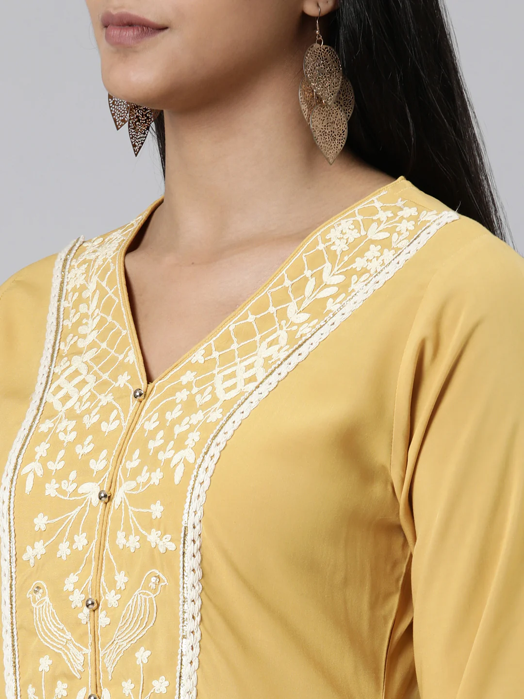 Neerus Mustard Straight Embroidered Viscose Rayon Kurta - Image 5