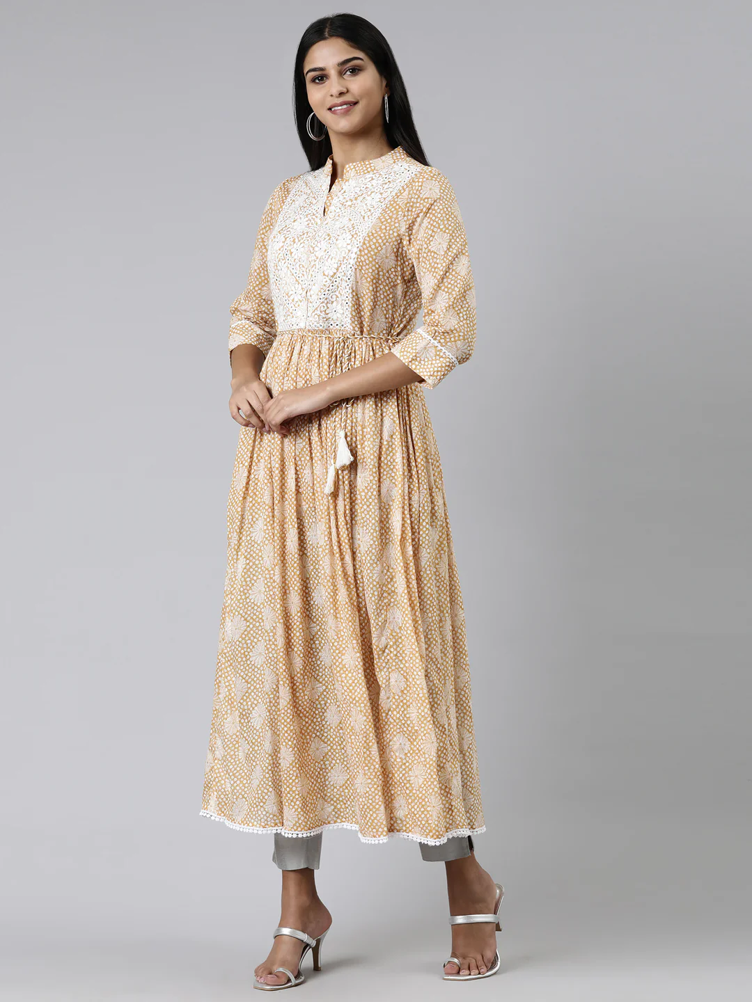 Neerus Mustard Straight Printed Cotton Kurta - Image 2