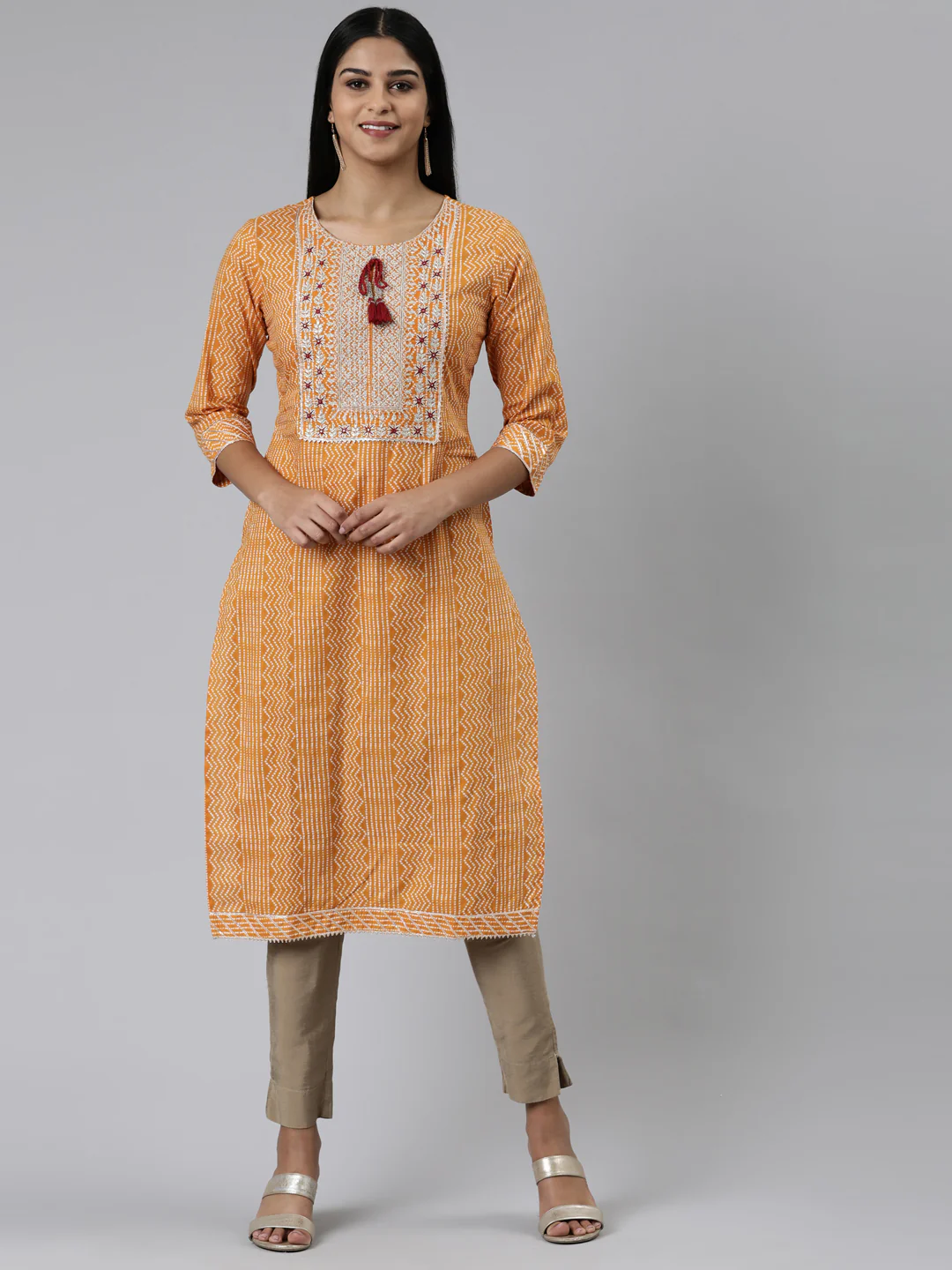 Neerus Mustard Straight Printed Cotton Kurta