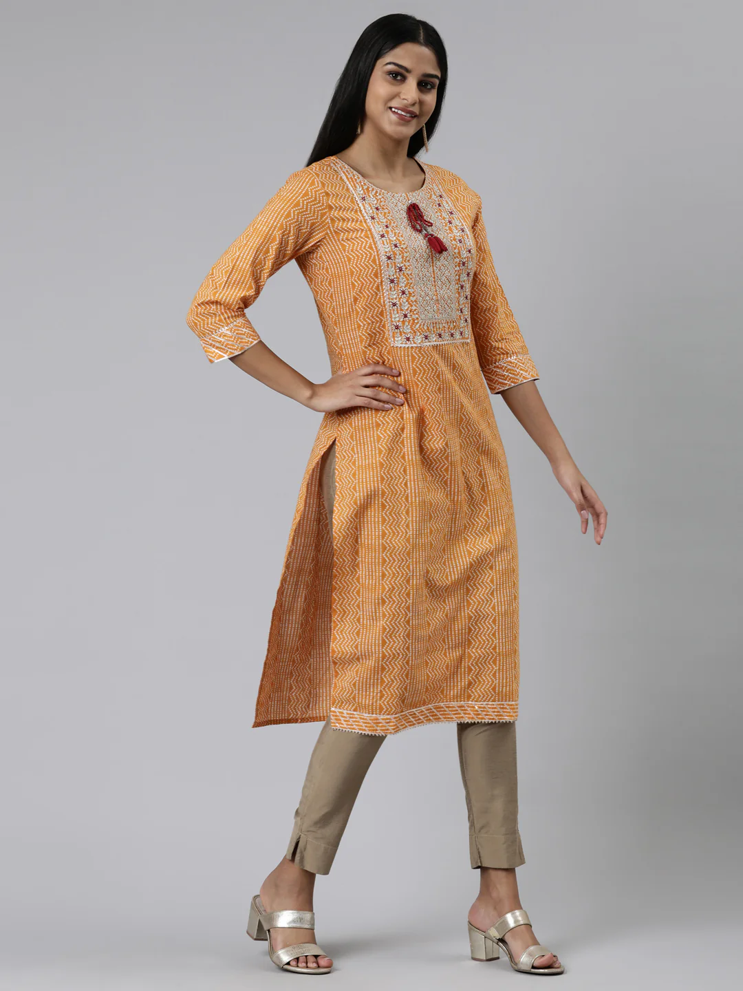 Neerus Mustard Straight Printed Cotton Kurta - Image 2
