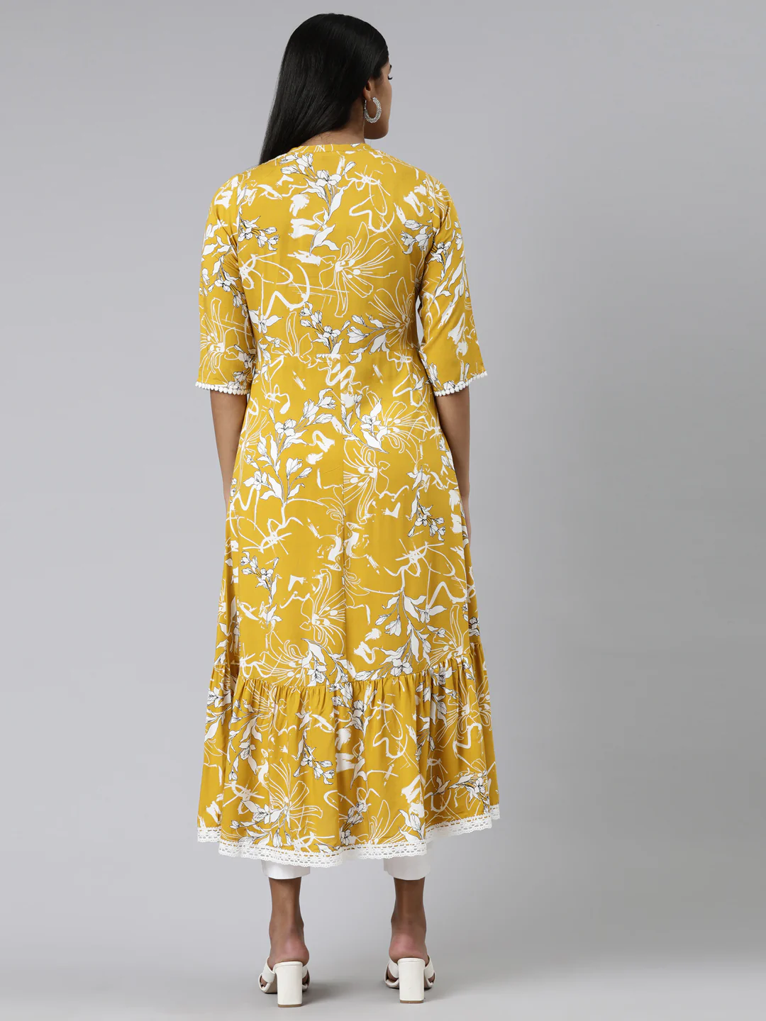 Neerus Mustard Straight Printed Viscose Rayon Kurta - Image 3