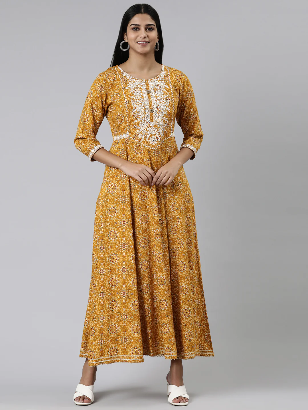 Neerus Mustard Straight Printed Viscose Rayon Kurta