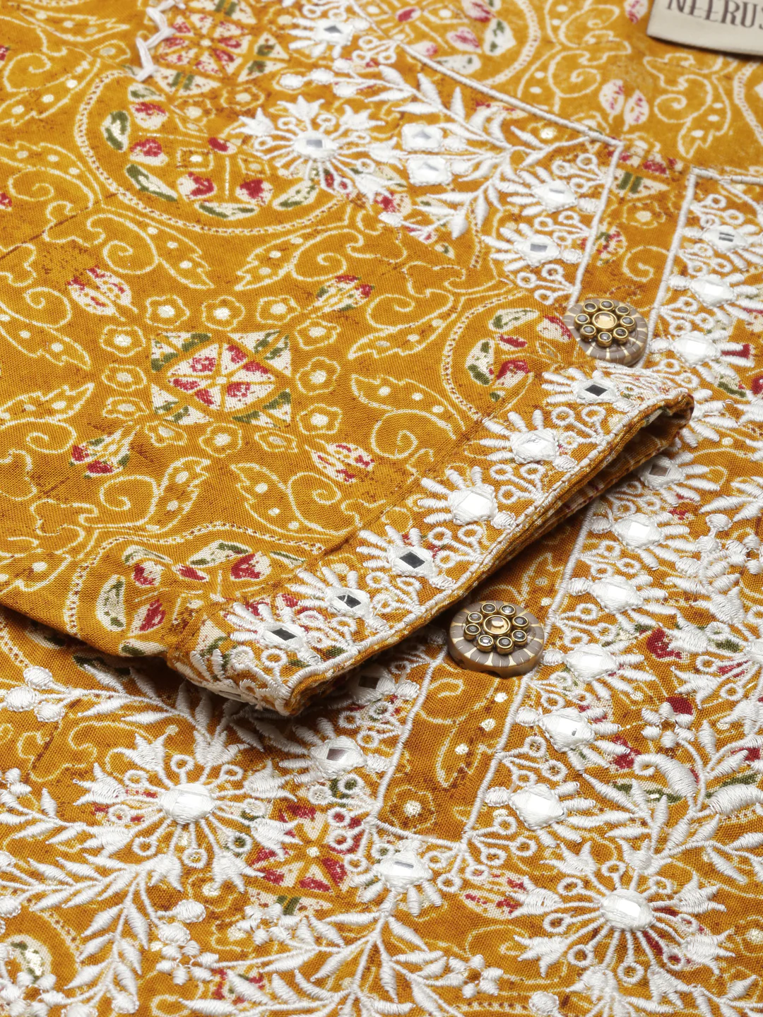 Neerus Mustard Straight Printed Viscose Rayon Kurta - Image 4