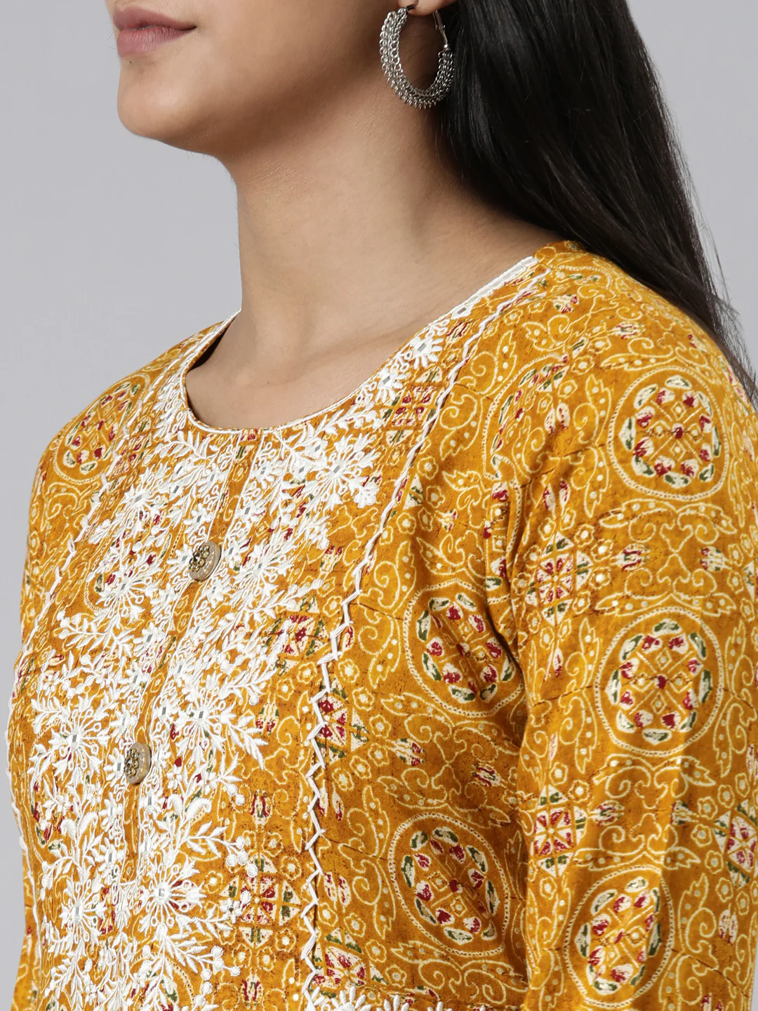 Neerus Mustard Straight Printed Viscose Rayon Kurta - Image 5