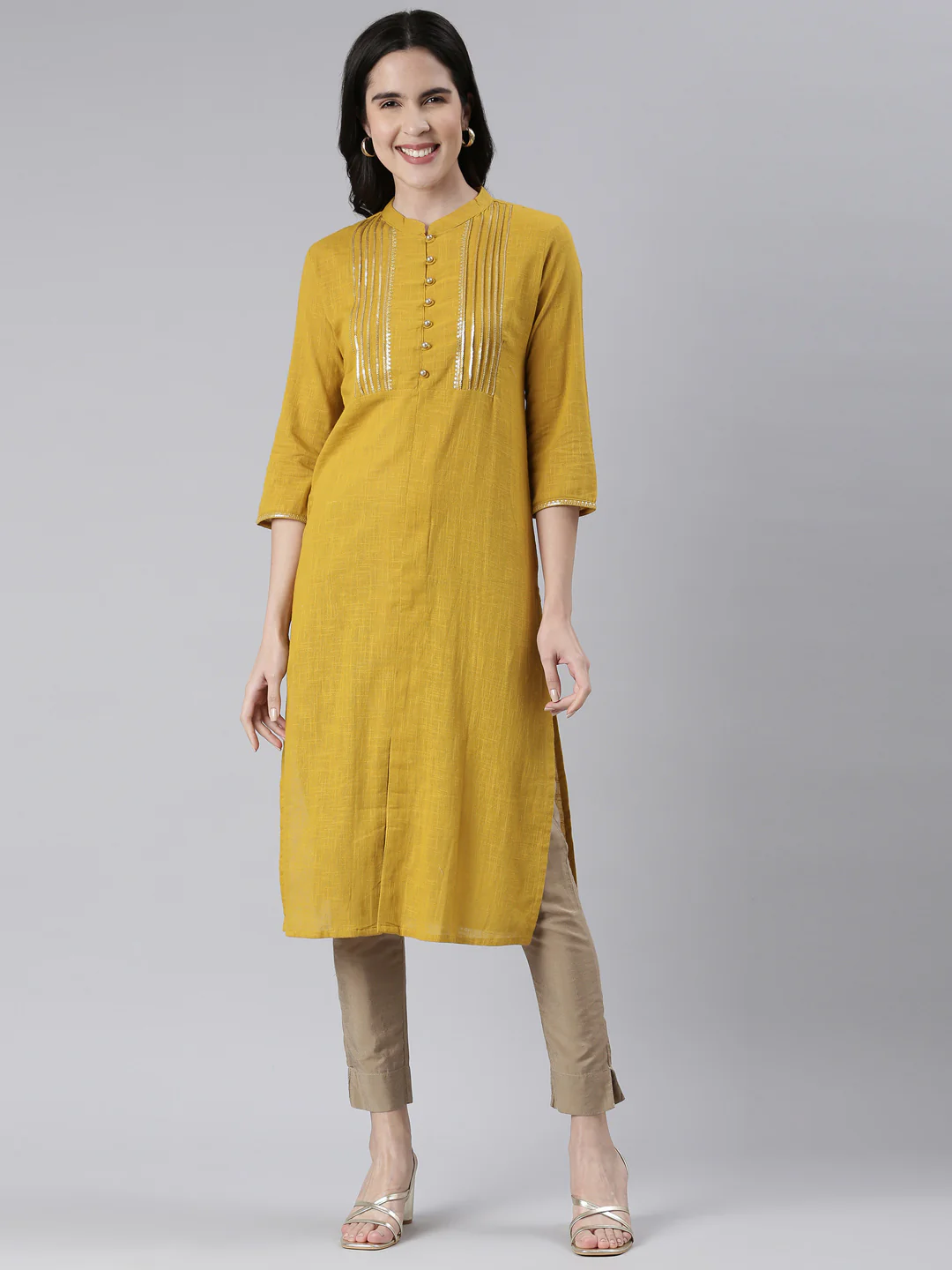 Neerus Mustard Straight Solid Cotton Kurta