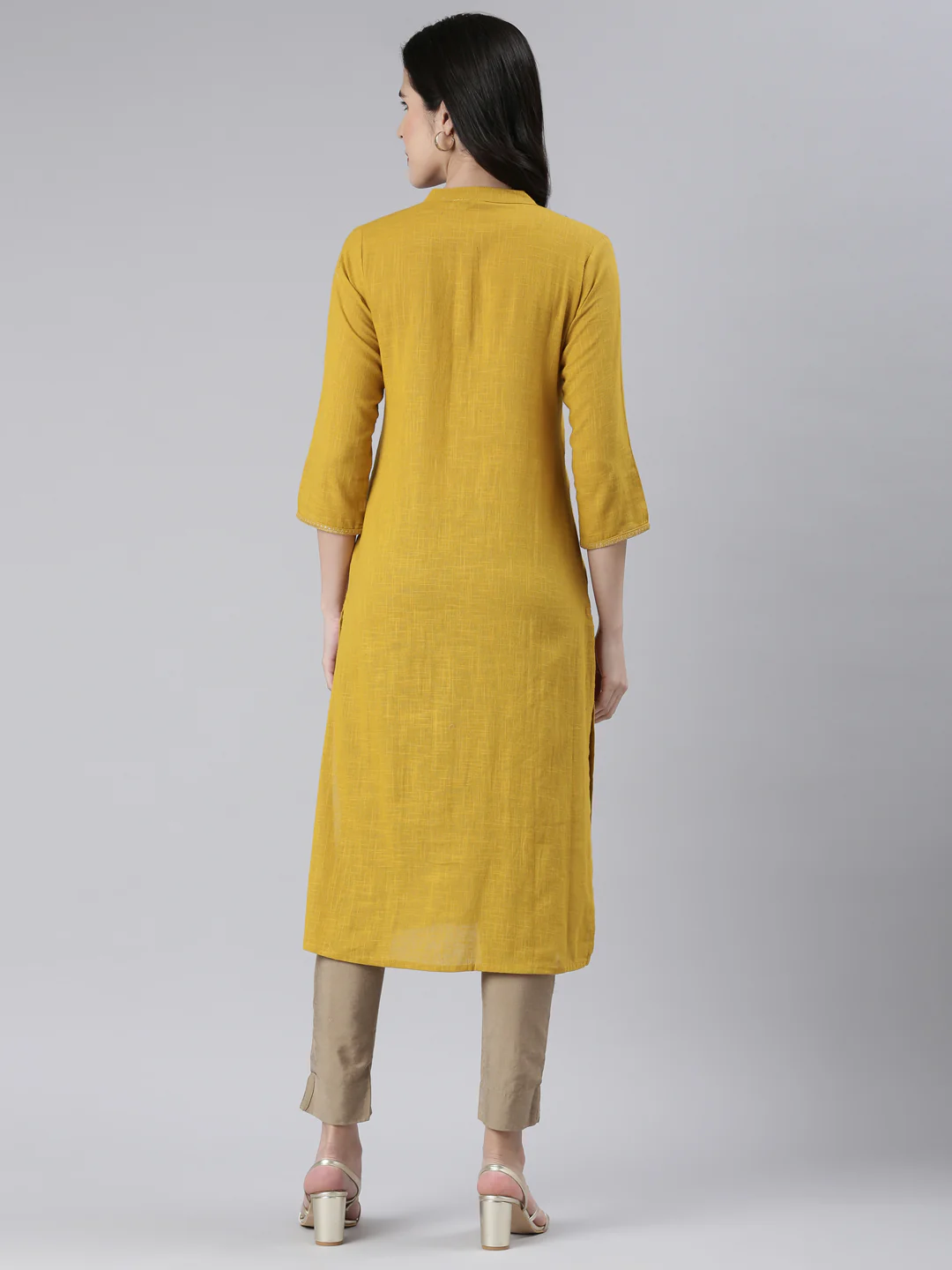 Neerus Mustard Straight Solid Cotton Kurta - Image 3
