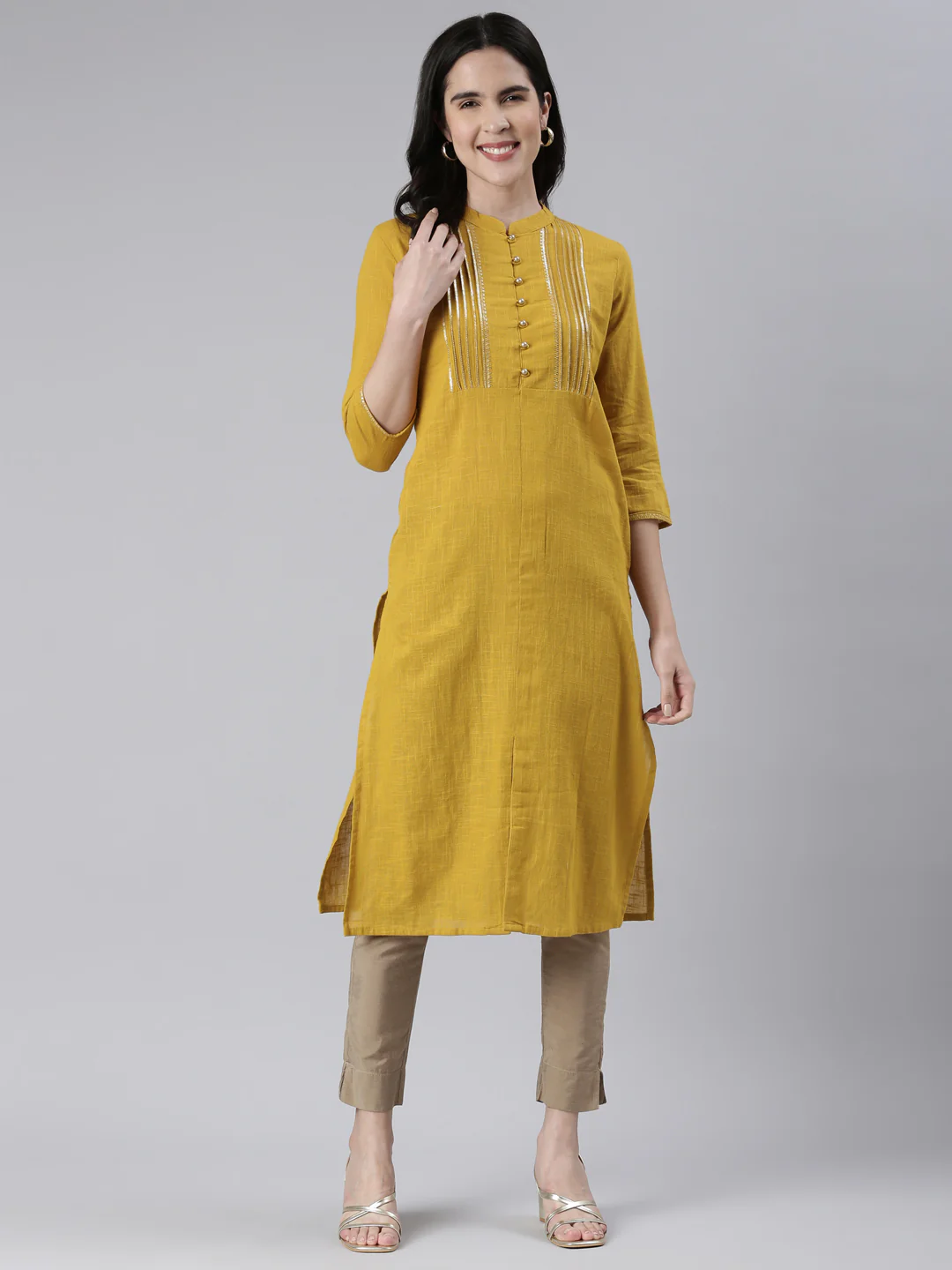 Neerus Mustard Straight Solid Cotton Kurta - Image 5