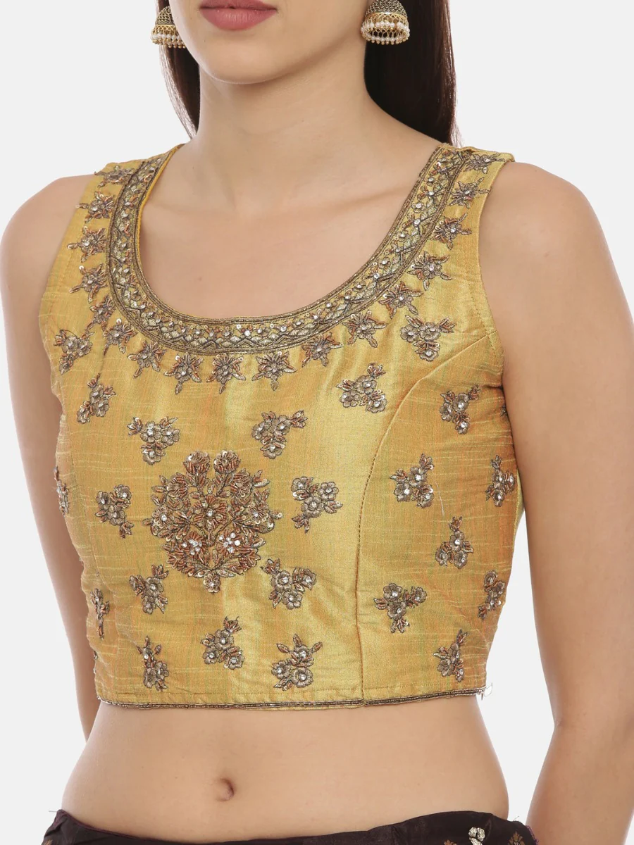 Neerus Mustard Wine Color Banaras Fabric Ghagra Set - Image 3