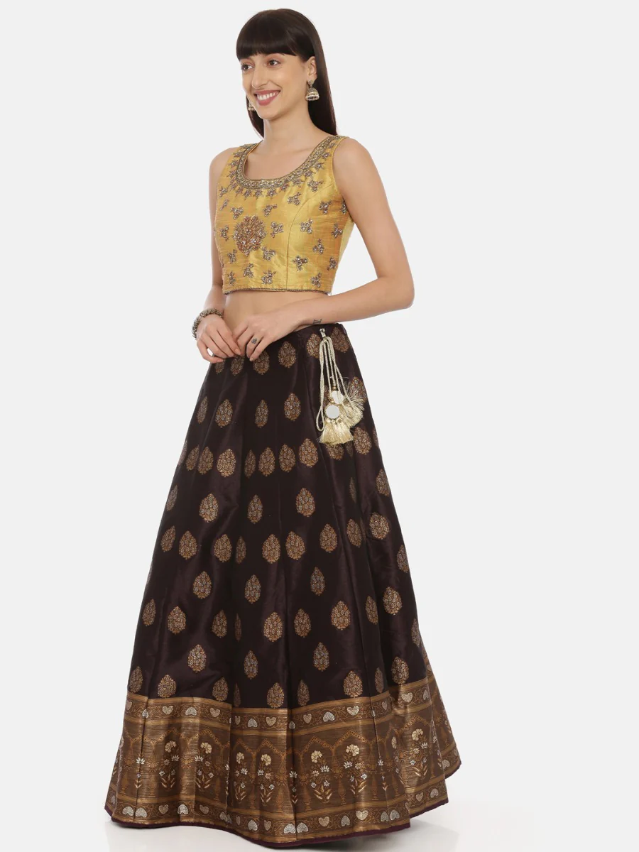 Neerus Mustard Wine Color Banaras Fabric Ghagra Set - Image 4