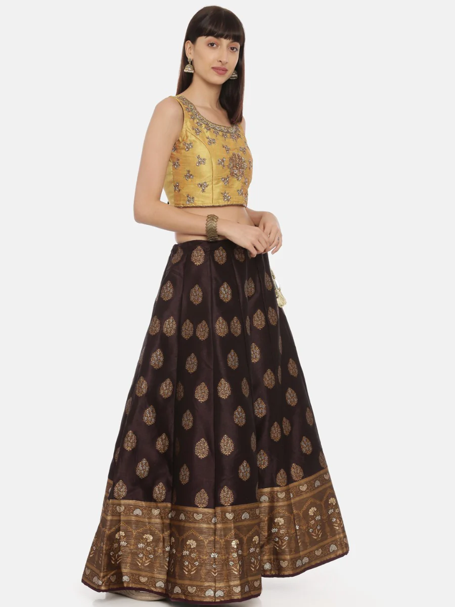Neerus Mustard Wine Color Banaras Fabric Ghagra Set - Image 5