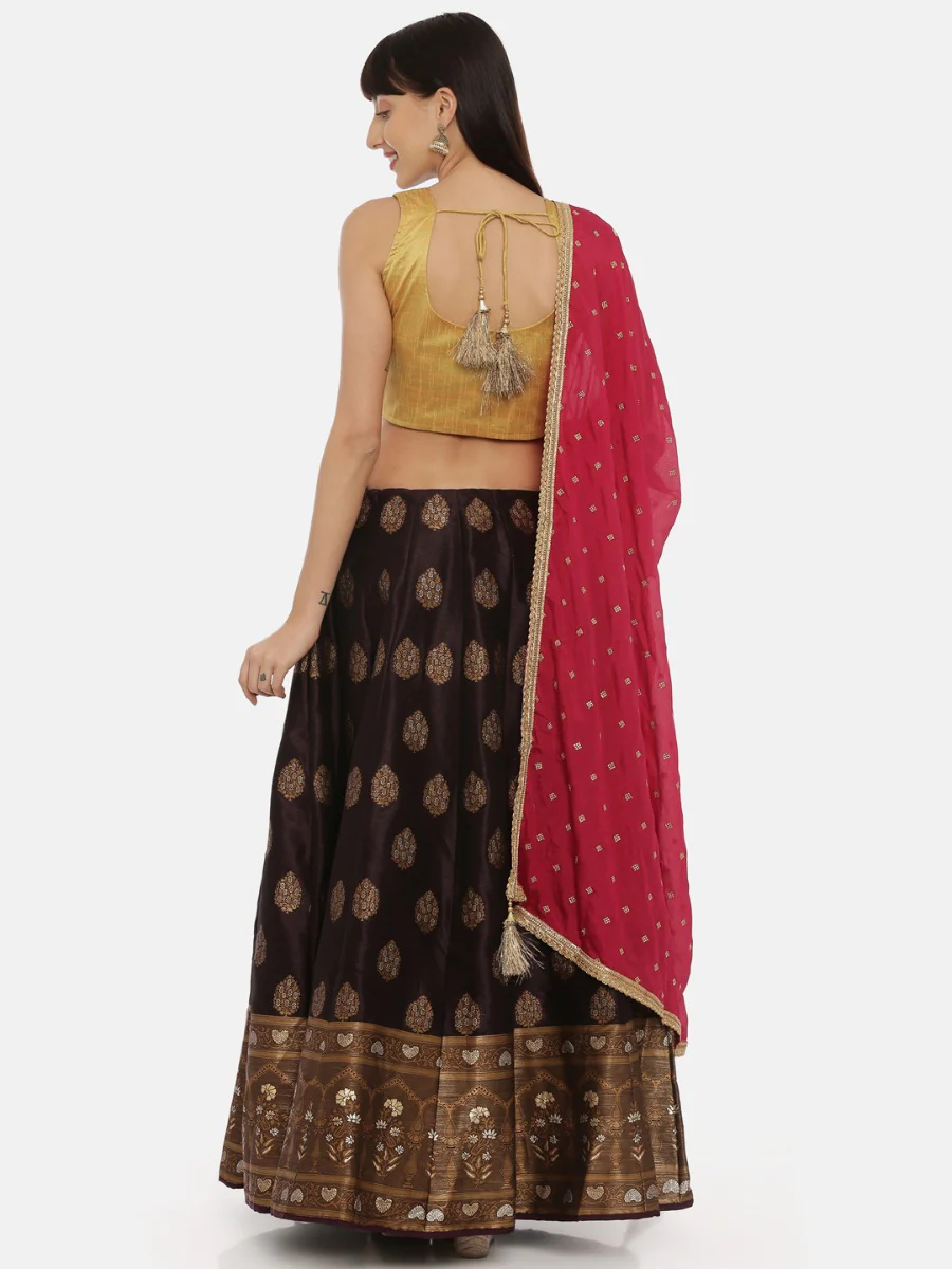 Neerus Mustard Wine Color Banaras Fabric Ghagra Set - Image 6