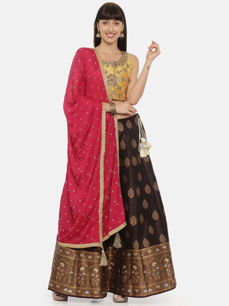 Neerus Mustard Wine Color Banaras Fabric Ghagra Set - Image 7