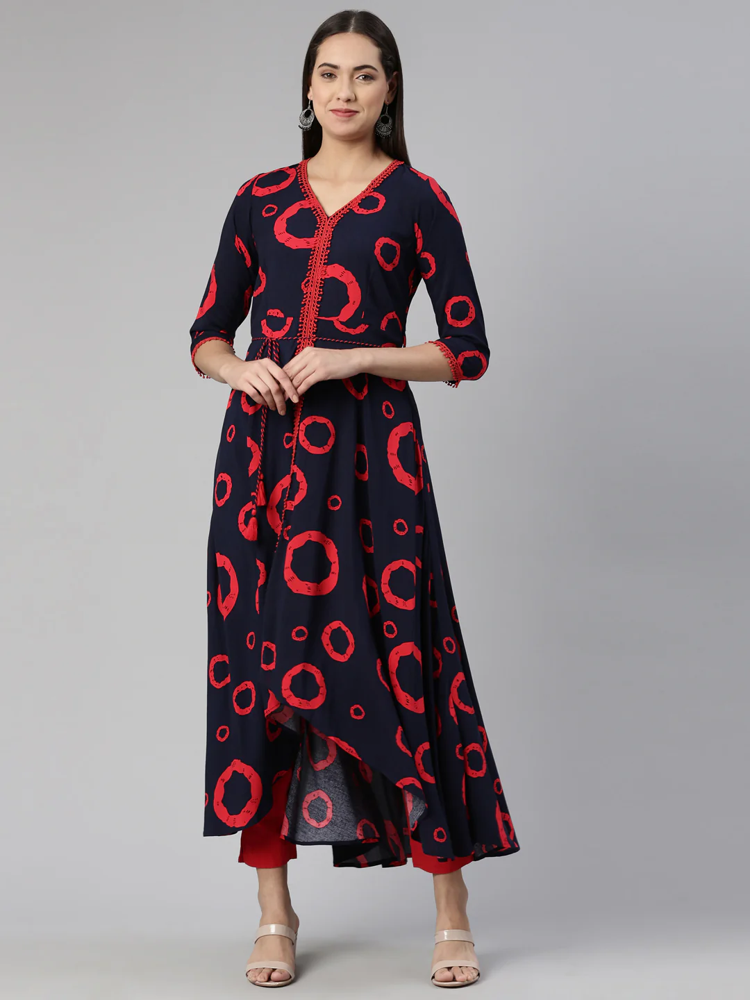 Neerus Navy Blue Anarkali Curved Cotton Kurta