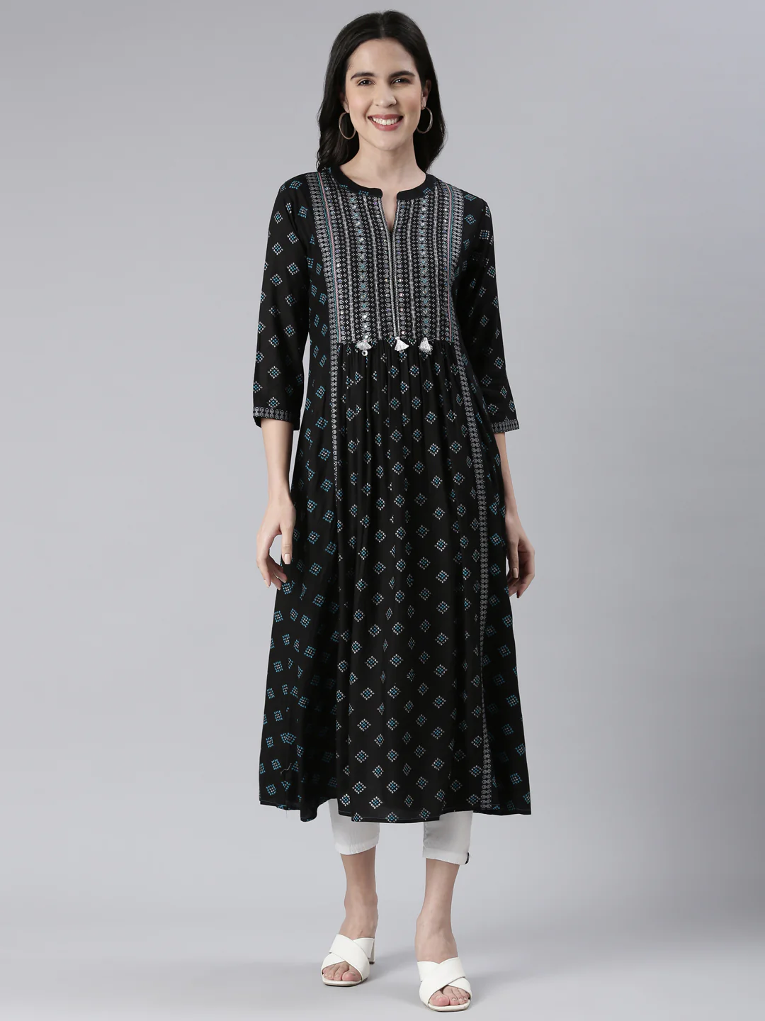 Neerus Navy Blue Anarkali Embroidered Cotton Kurta