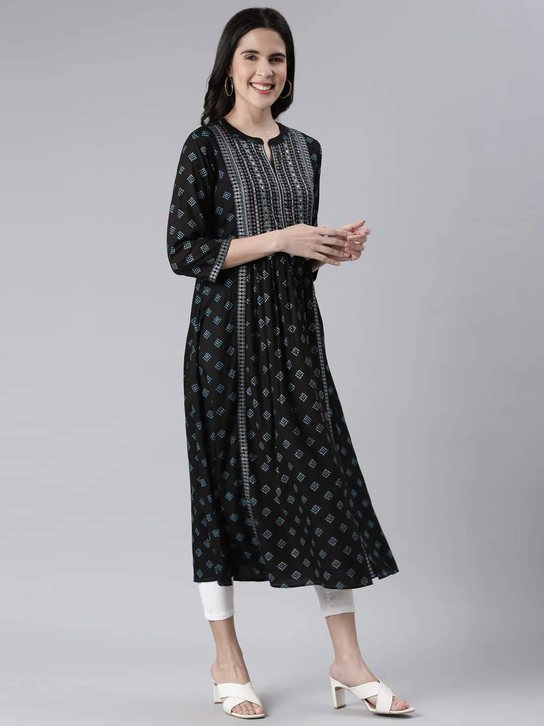 Neerus Navy Blue Anarkali Embroidered Cotton Kurta - Image 2