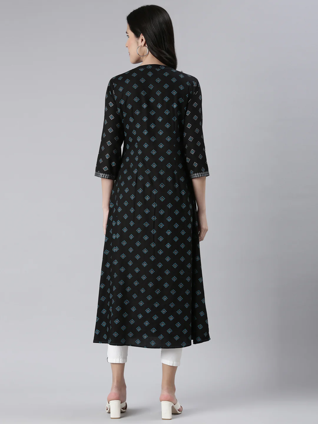 Neerus Navy Blue Anarkali Embroidered Cotton Kurta - Image 3