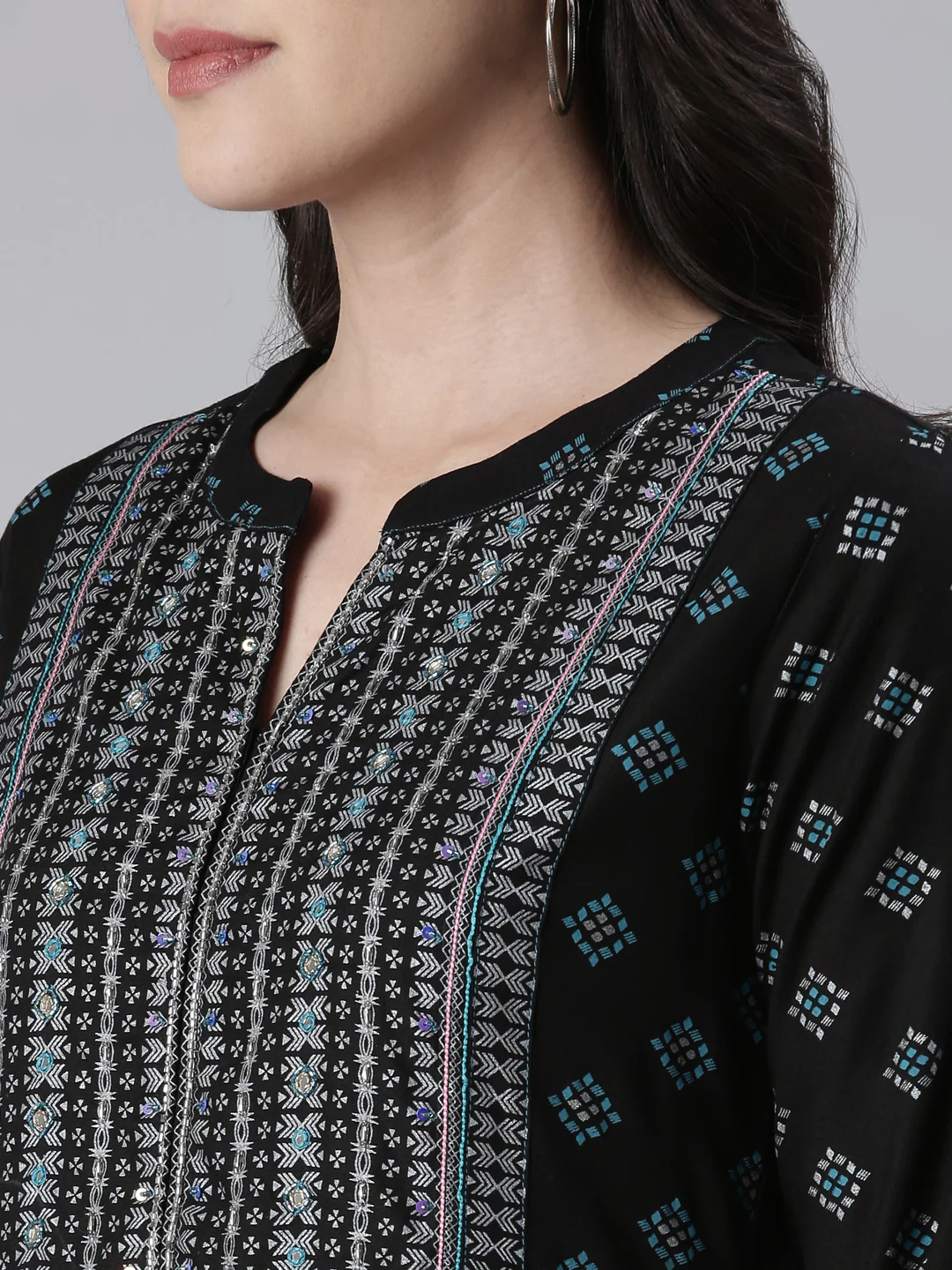 Neerus Navy Blue Anarkali Embroidered Cotton Kurta - Image 4