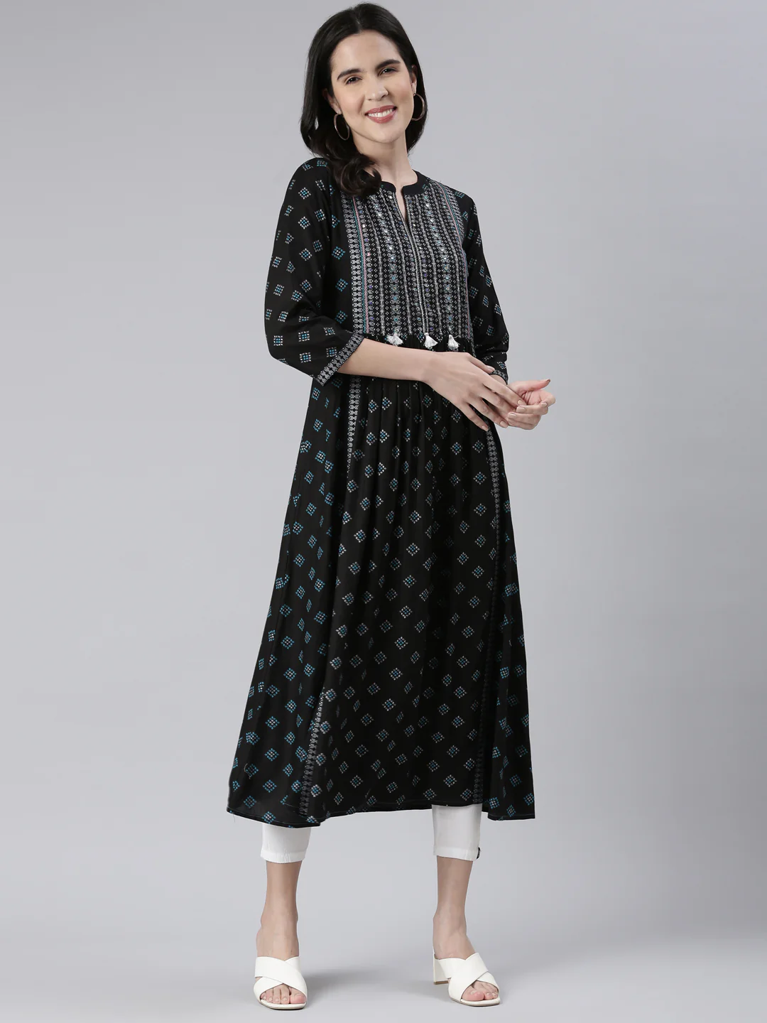 Neerus Navy Blue Anarkali Embroidered Cotton Kurta - Image 5