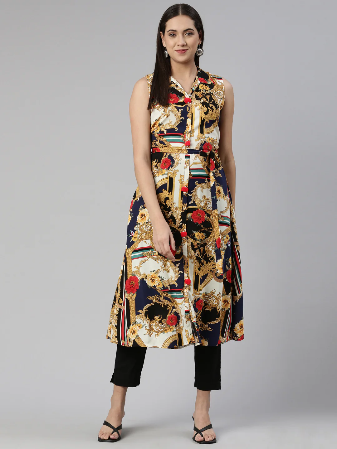 Neerus Navy Blue Anarkali Straight Cotton Silk Kurta