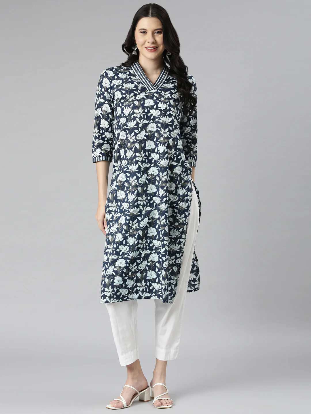 Neerus Navy Blue Casual Floral Straight Kurta - Image 6