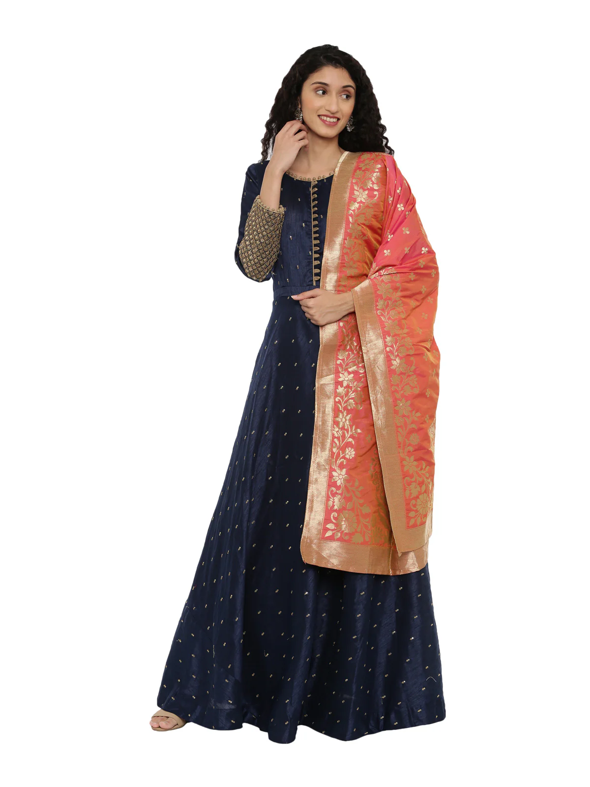 Neerus Navy Blue Color Chanderi Fabric Suit-Anarkali