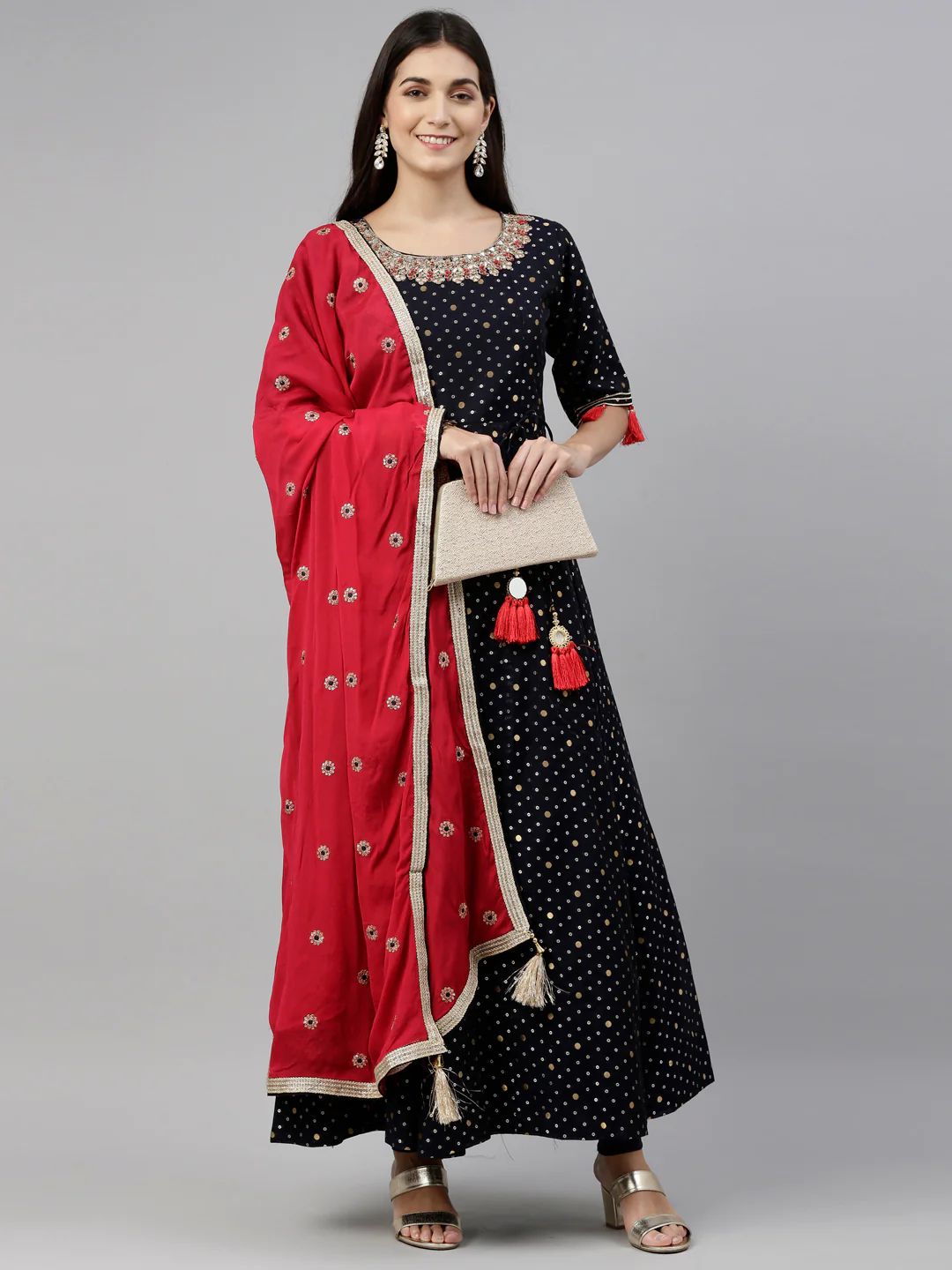 Neerus Navy Blue Color Chanderi Fabric Suit-Anarkali - Image 9