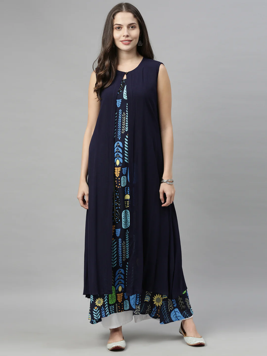 Neerus Navy Blue Color Chiffon Fabric Over Coat