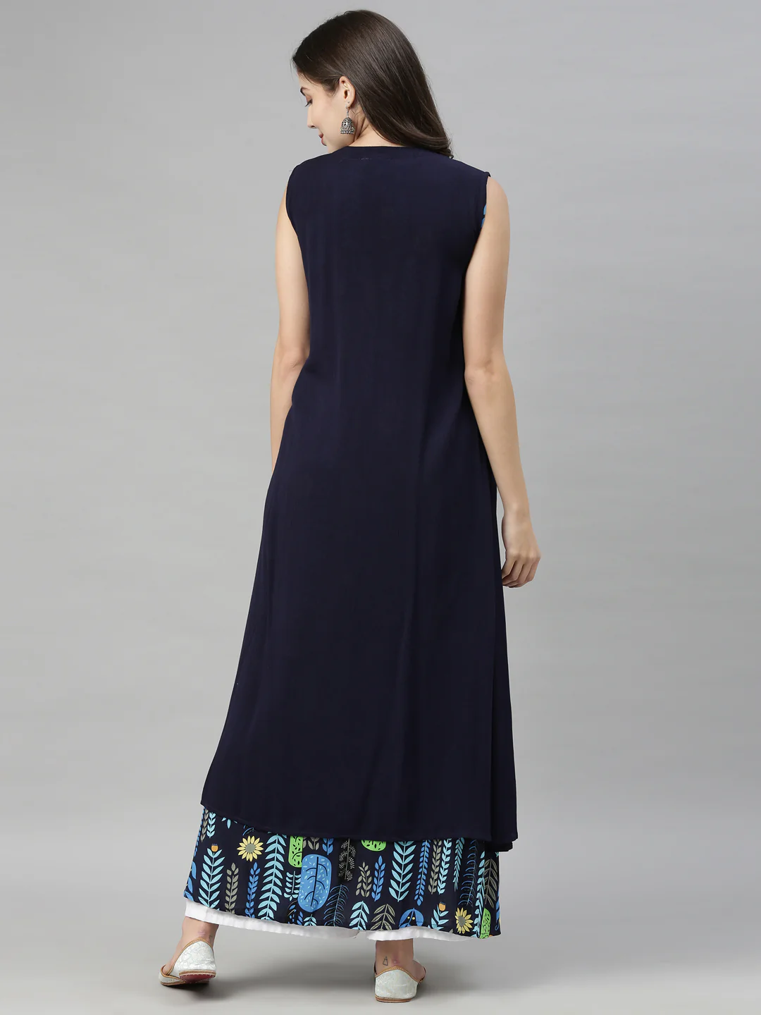 Neerus Navy Blue Color Chiffon Fabric Over Coat - Image 7
