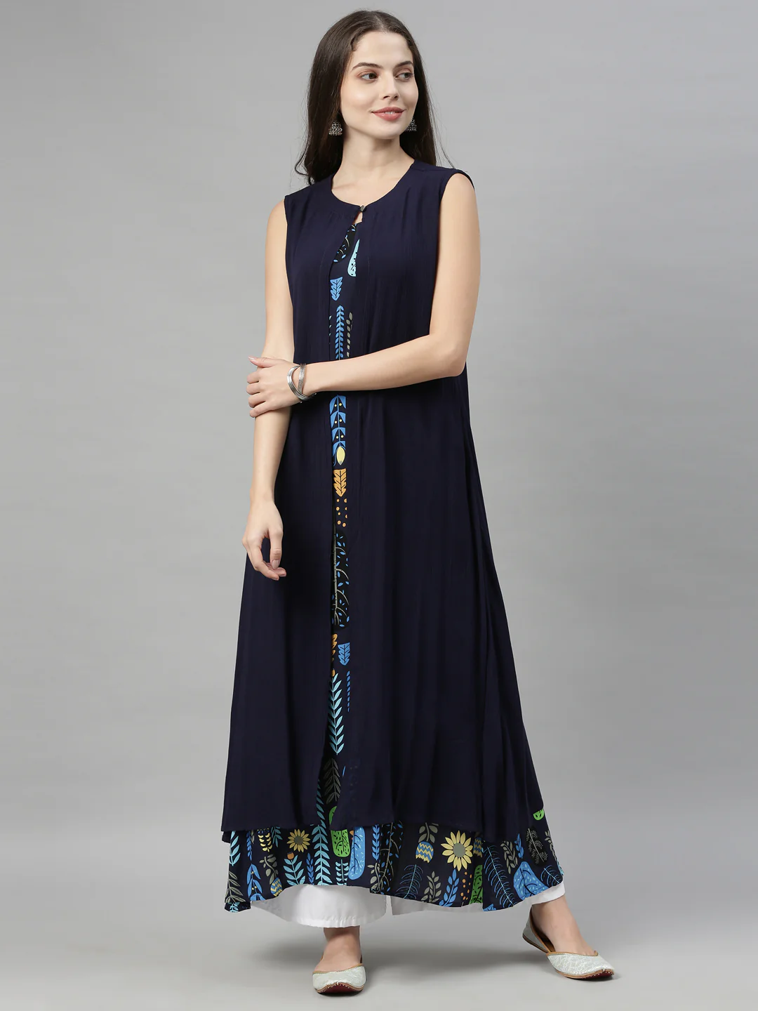 Neerus Navy Blue Color Chiffon Fabric Over Coat - Image 8