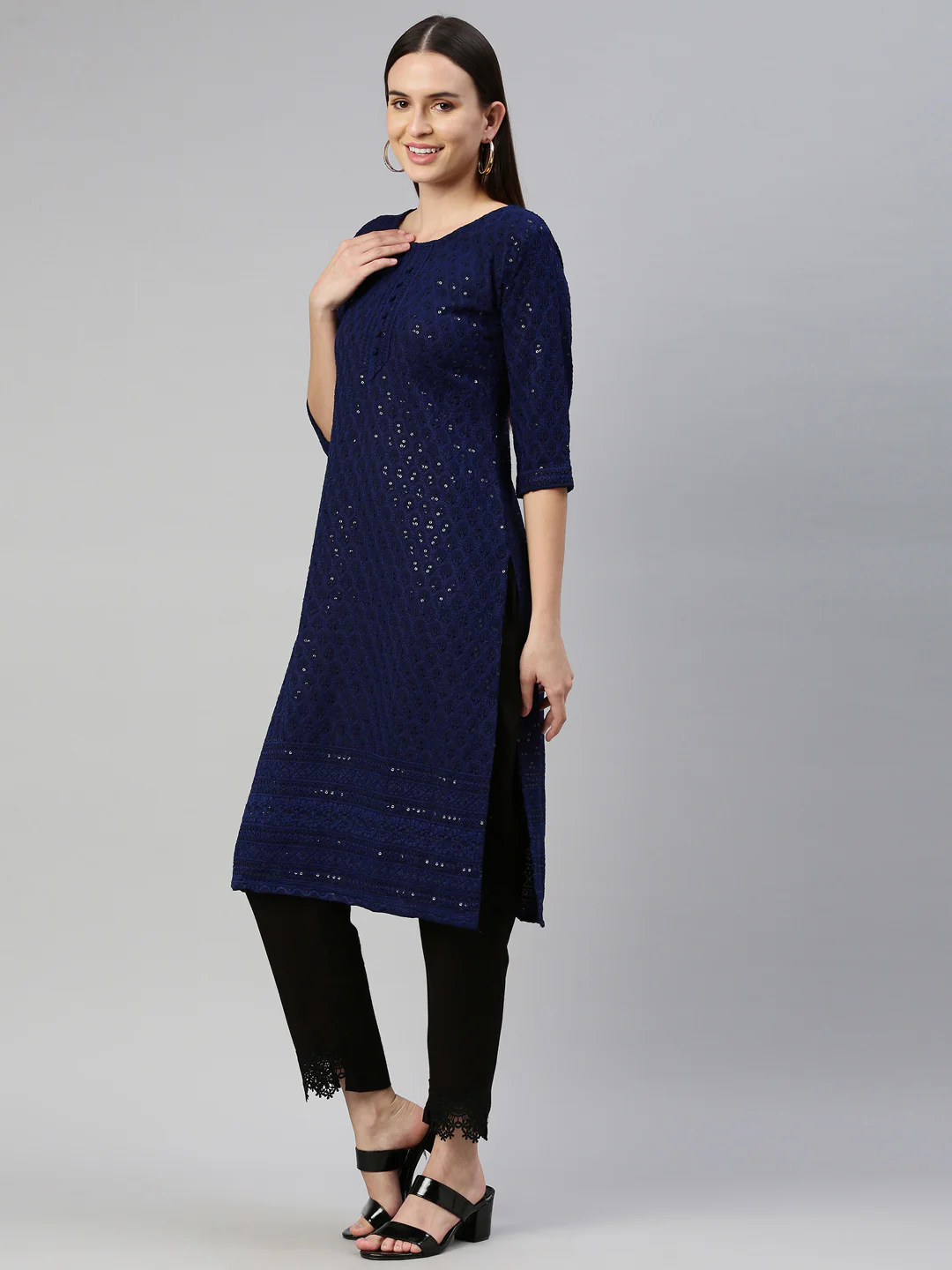 Neerus Navy Blue Color Chiken Fabric Kurta - Image 3